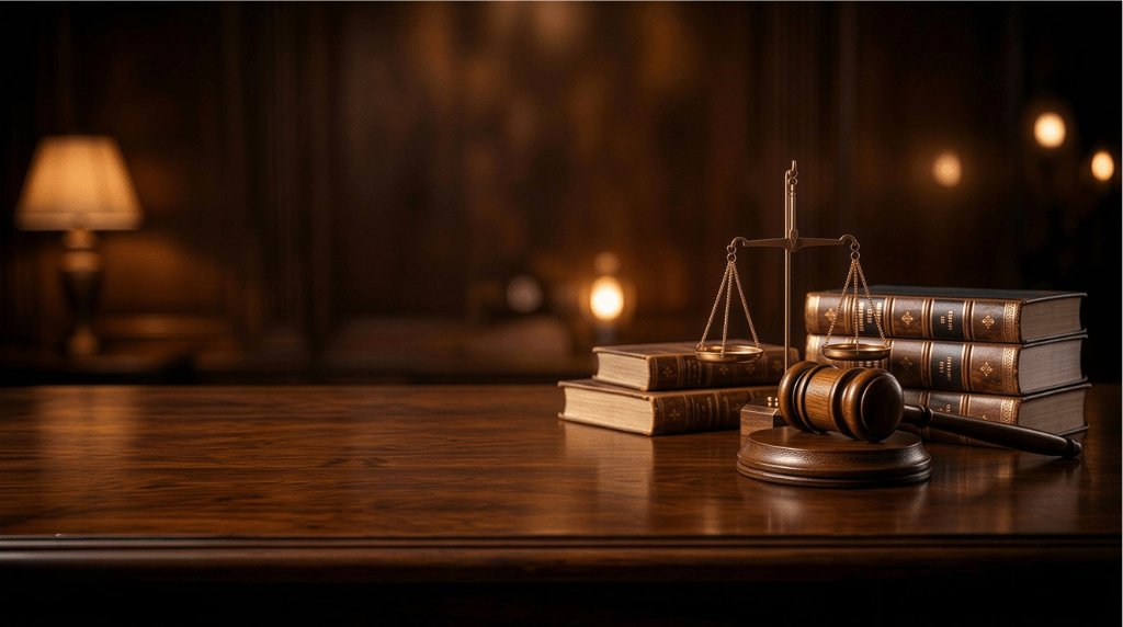 Scales of justice, gavel, and law books in a professional legal office